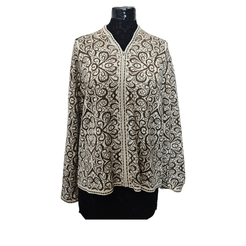 Y2K Peruvian Link Alpaca Knitted Zip Cardigan Geometric Pattern XL Brown/White